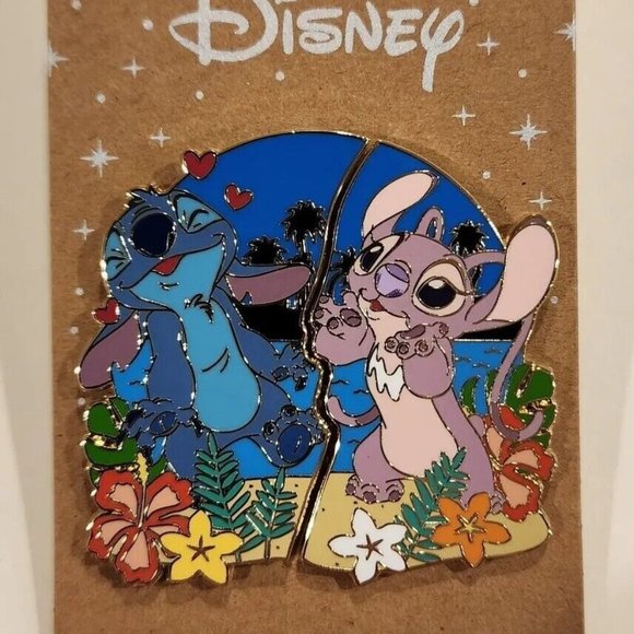 Disney Lilo & Stitch Angel & Stitch Beach Couples Kiss Hearts Pin Set of 2 NEW - Picture 1 of 12